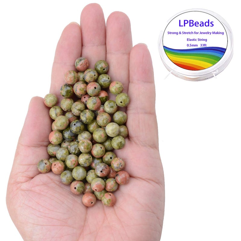 LPBeads 100PCS 8mm Natural Unakite Beads Gemstone Round Loose Beads for Jewelry Making with Crystal Stretch Cord - Image 2